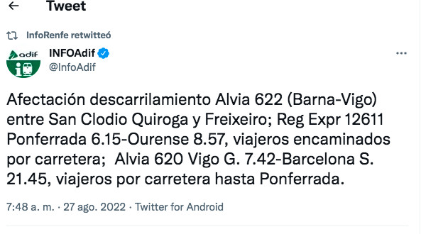 Tuit de Renfe sobre el incidente en el tren Alvia / TWITTER