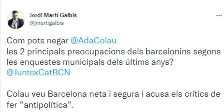 Tuit de Jordi Martí comentando las declaraciones de Ada Colau / TWITTER