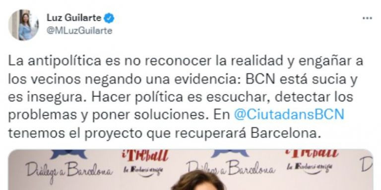 Tuit de Luz Guilarte (Cs) criticando las declaraciones de Colau / TWITTER