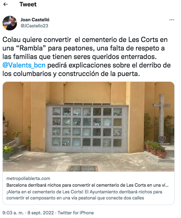 Tuit de Joan Castelló sobre el cementerio de Les Corts / TWITTER JOAN CASTELLÓ
