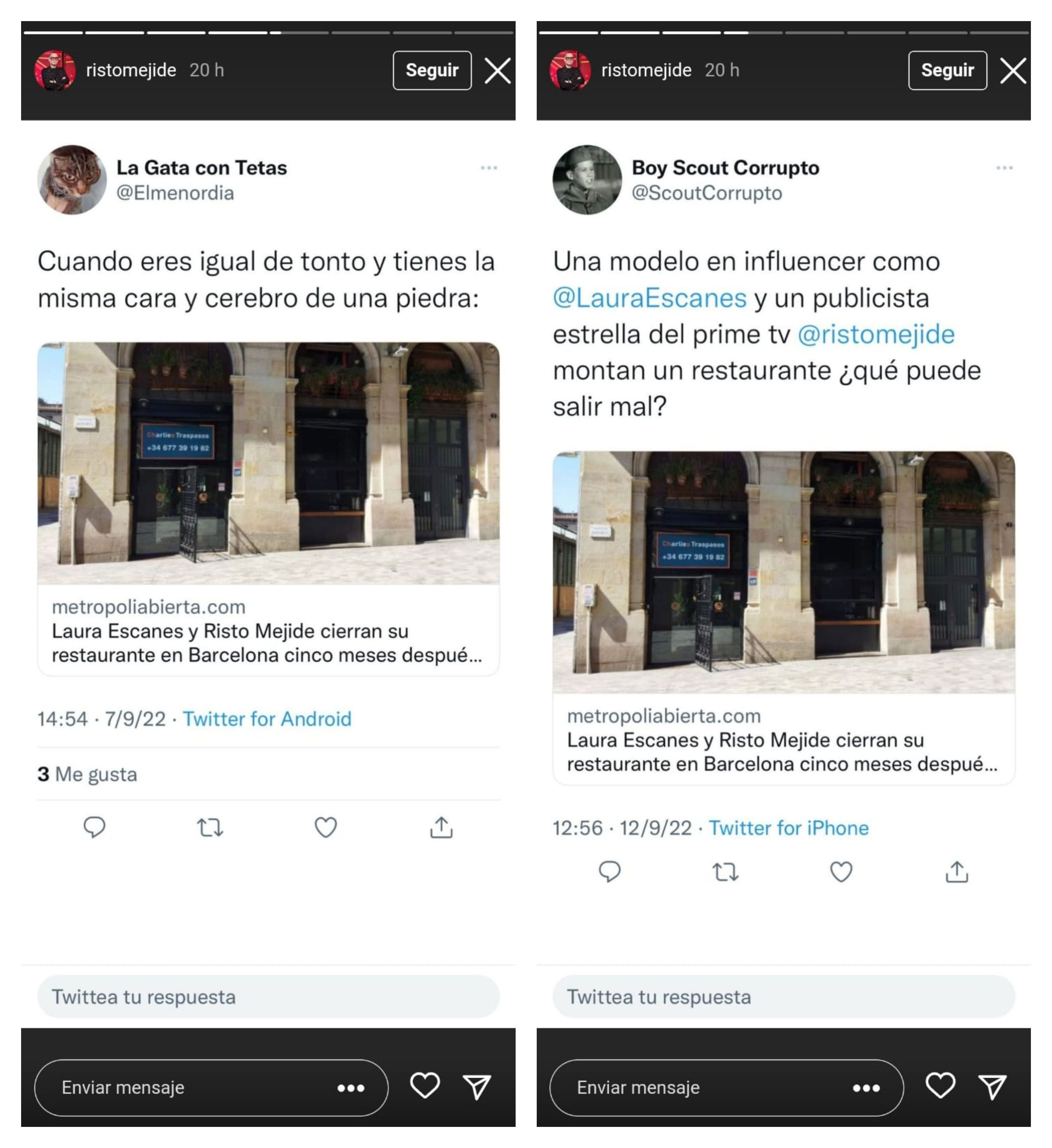 Críticas e insultos a Risto Mejide y Laura Escanes por el cierre de su restaurante en Barcelona / INSTAGRAM RISTO MEJIDE