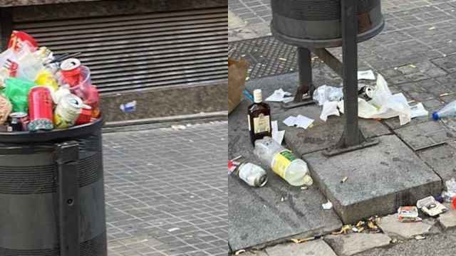 Una papelera llena y suciedad en el suelo en Sant Gervasi-Galvany / TWITTER MARILÉN BARCELÓ