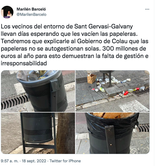 Tuit de Marilén Barceló de las papeleras sin vaciar de Sant Gervasi-Galvany / TWITTER MARILÉN BARCELÓ