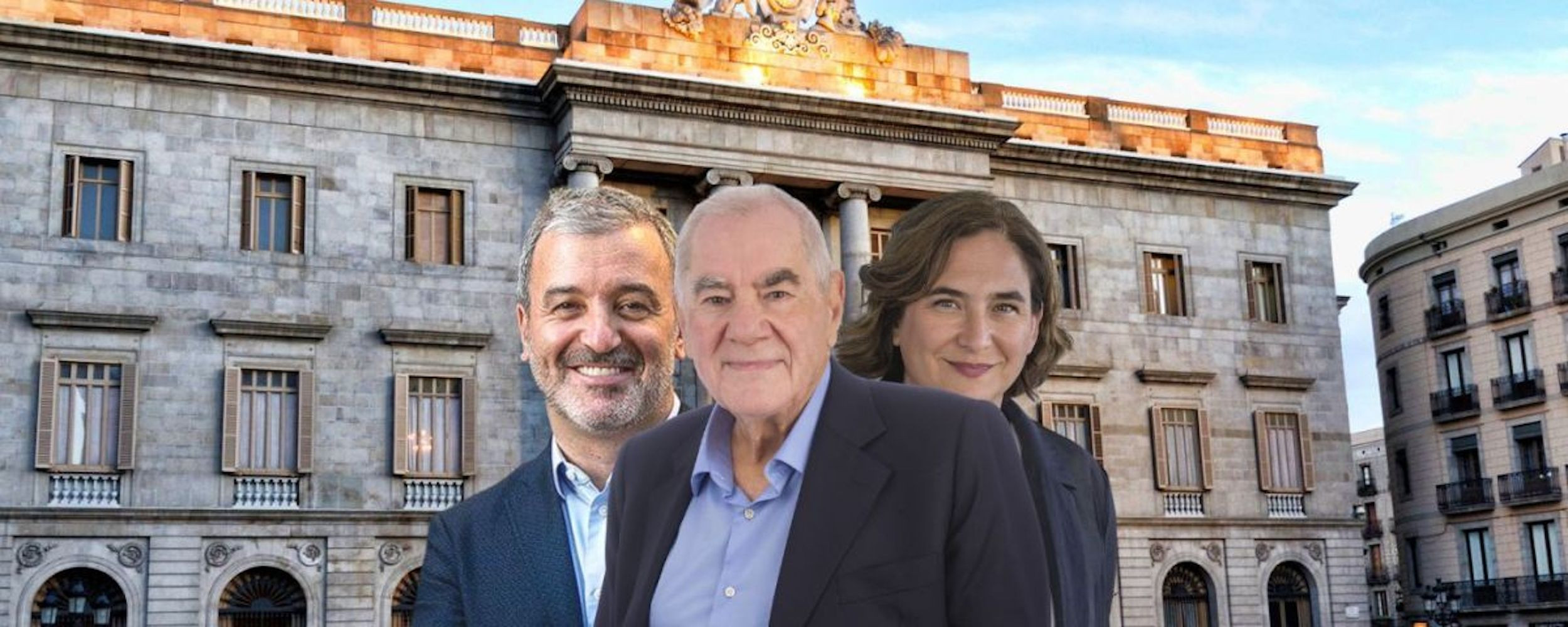 Fotomontaje de Ernest Maragall, Ada Colau y Jaume Collboni, en el Ayuntamiento de Barcelona