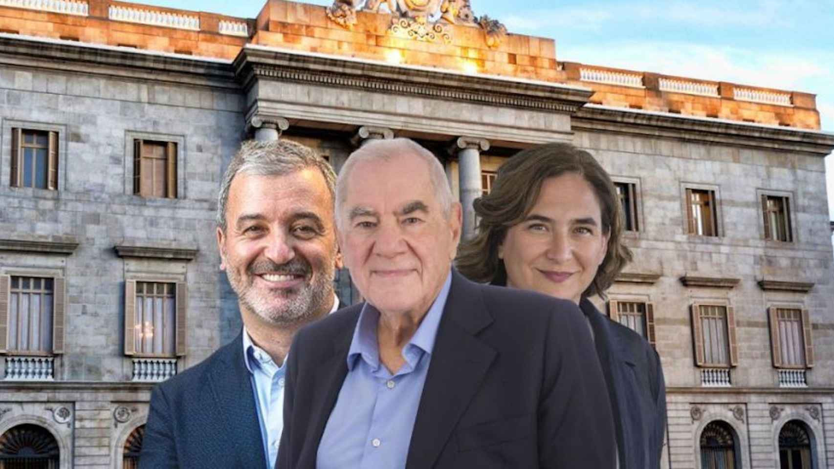 Fotomontaje de Ernest Maragall, Ada Colau y Jaume Collboni, en el Ayuntamiento de Barcelona