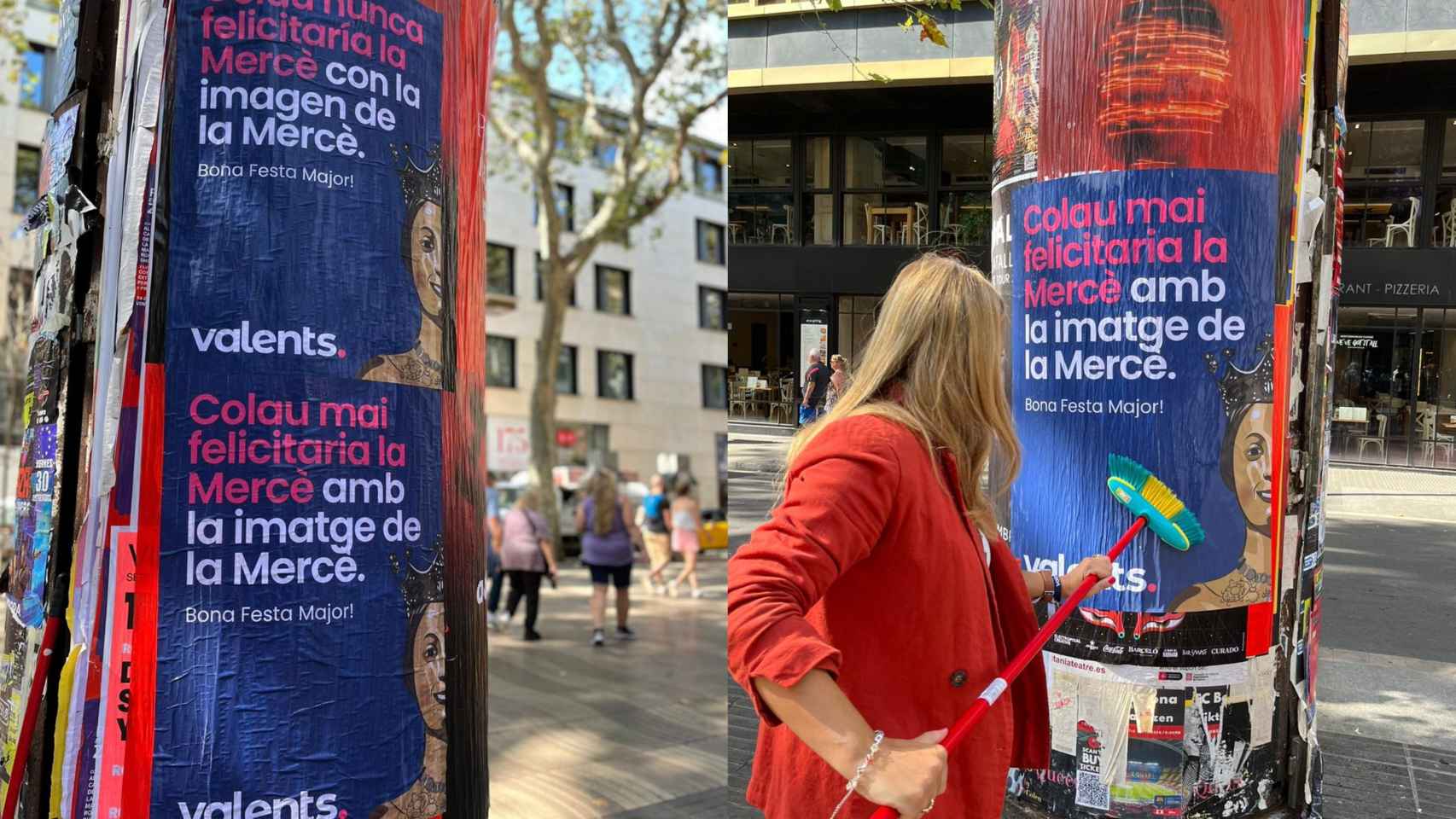 Eva Parera colgando en la Rambla un cartel de la Mercè que Colau nunca utilizaría / VALENTS