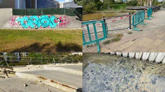 Un grafiti, una barandilla y unas escaleras rotas y agua muy sucia en el parque de Diagonal Mar / METRÓPOLI