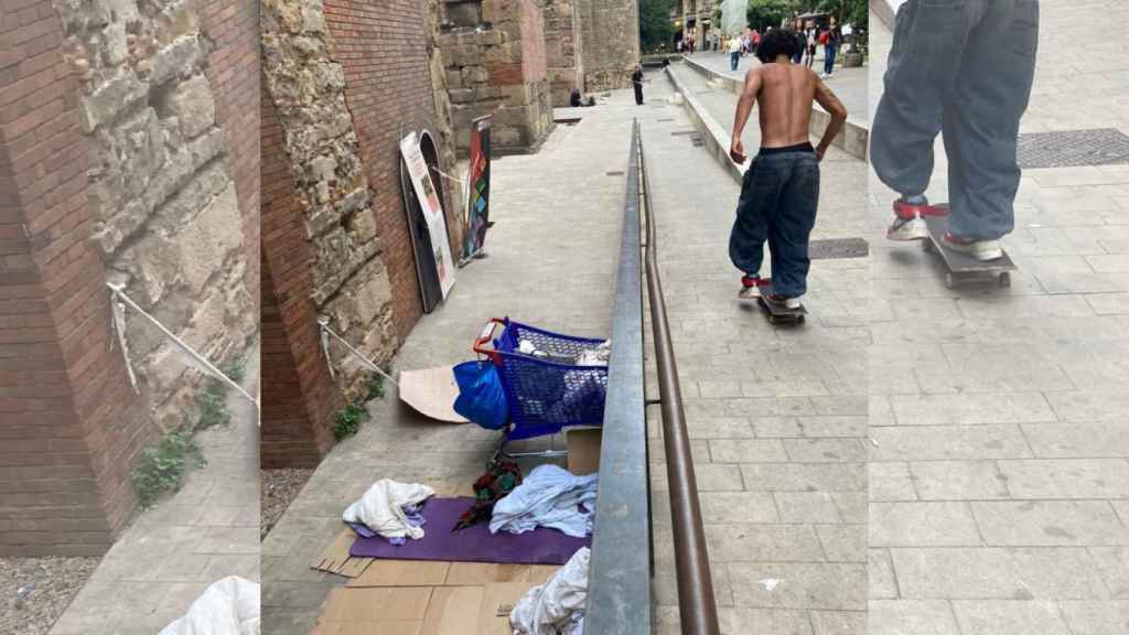 La antigua muralla romana de Barcelona, llena de basura y reconvertida en una 'pista de skate' / TWITTER (@josepalay)