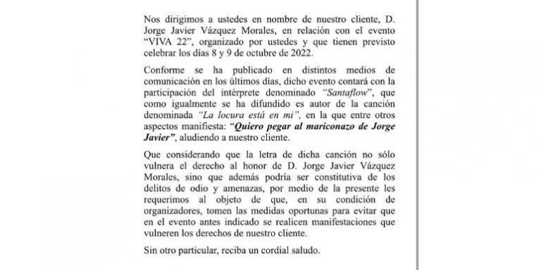 Carta enviada por los abogados de Jorge Javier Vázquez / TWITTER