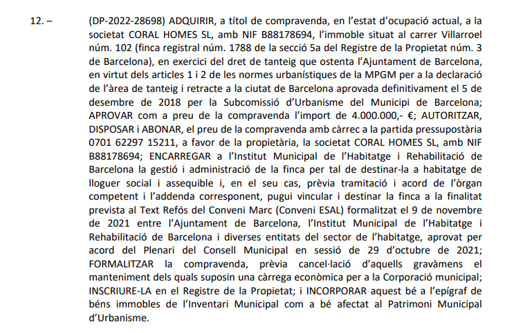 El texto de la comisión de gobierno sobre la finca de Villarroel 102