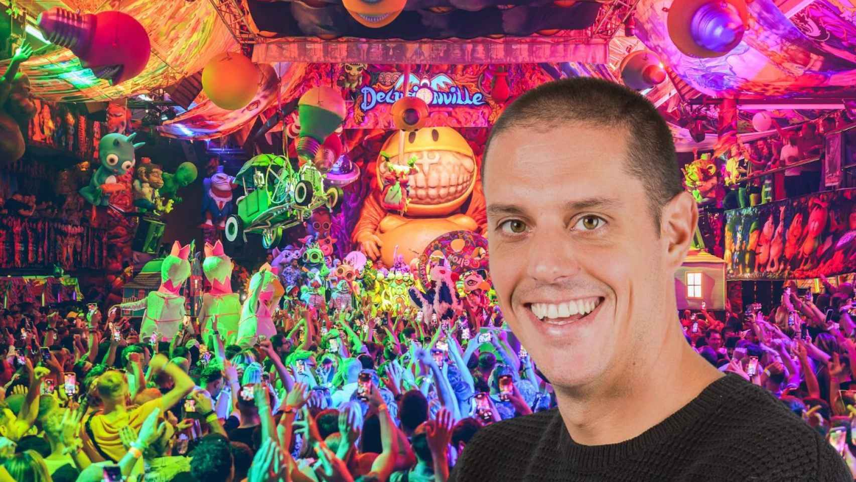 Fotomontaje de Juan Arnau, CEO y cofundador de elrow, junto a una imagen del festival / CEDIDAS