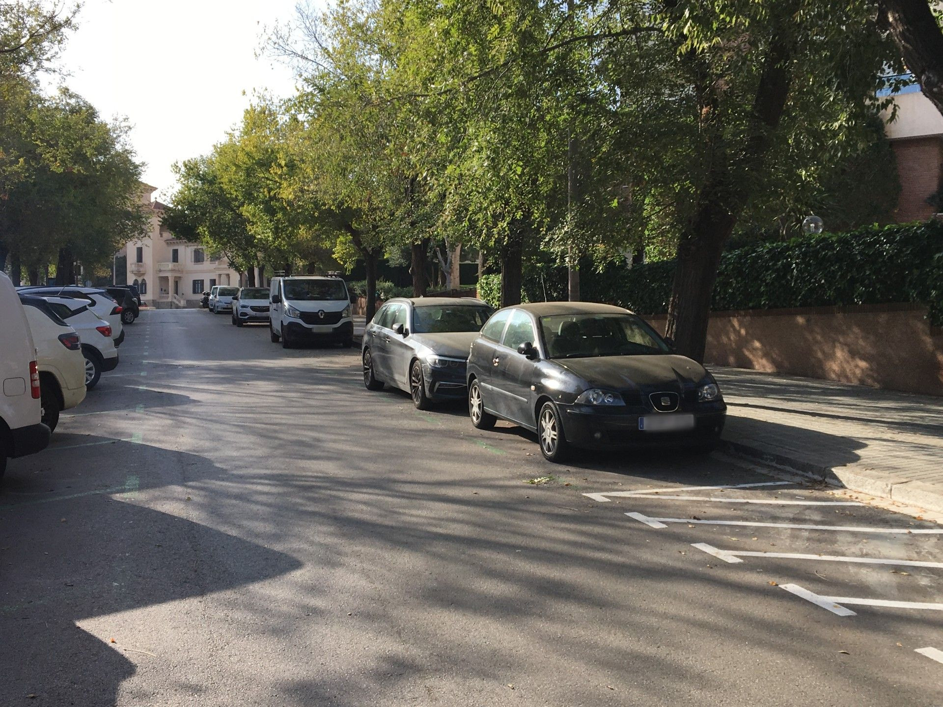 Vehículos aparcados en el área verde de la calle de Trias i Giró / METRÓPOLI - RP