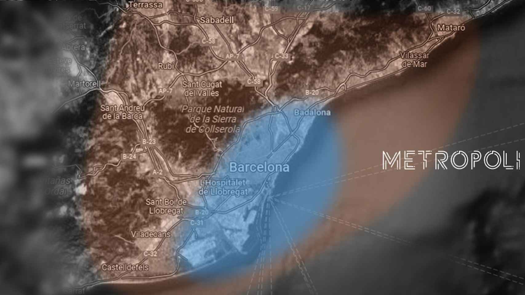 Imagen aérea de Barcelona y sus alrededores con la zona de influencia de Metrópoli