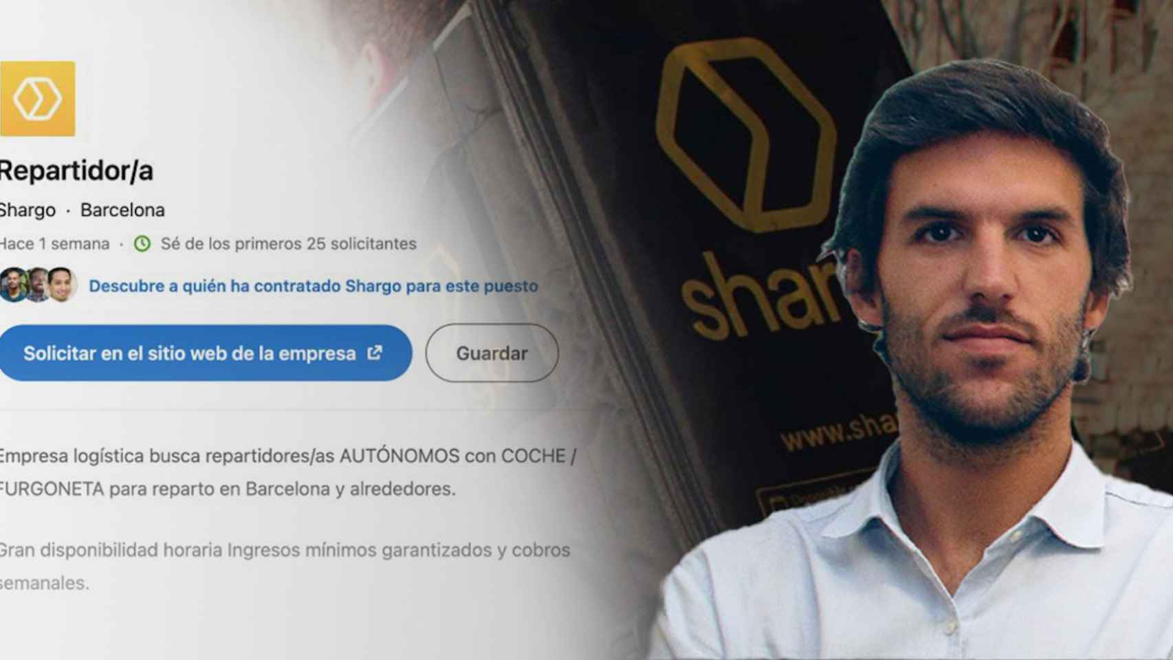 Fotomontaje donde aparece el CEO de Shargo, Sergi Fabregat, la oferta de trabajo en Linkedin y la mochila de un rider de la compañía / METRÓPOLI