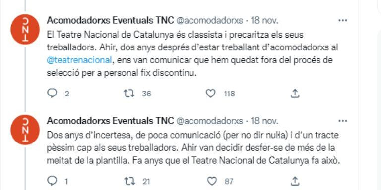 Extracto del hilo en Twitter en el que los acomodadores del TNC denuncian su situación laboral / TWITTER