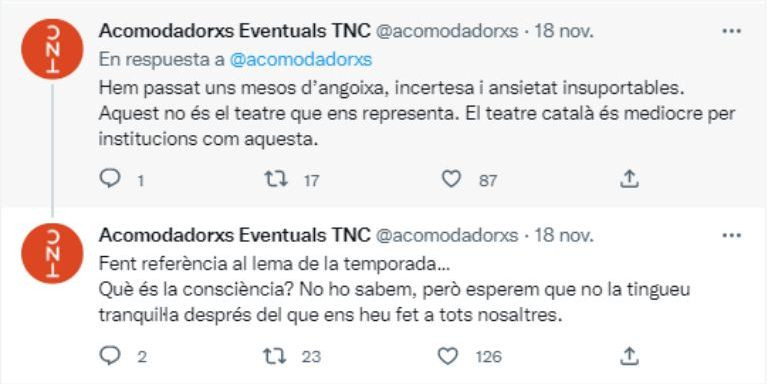 Extracto del hilo en Twitter en el que los trabajadores del TNC denuncian su situación laboral / TWITTER