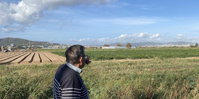 Carles Faura señalando los invernaderos que desaparecerán si se amplía la ZEPA / METRÓPOLI