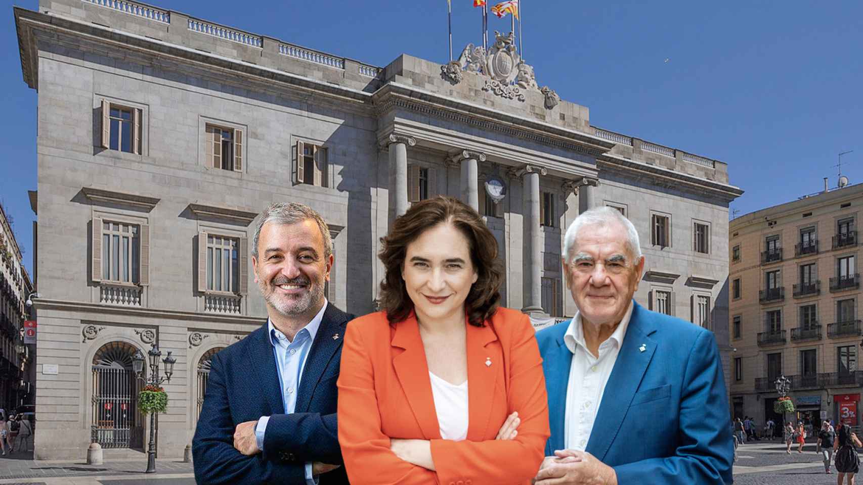 Fotomontaje de Ernest Maragall, Ada Colau y Jaume Collboni, en el Ayuntamiento de Barcelona / METRÓPOLI