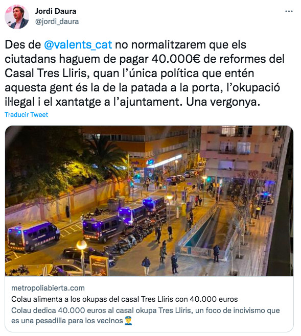 Tuit de Jordi Daura sobre los okupas del casal Tres Lliris 