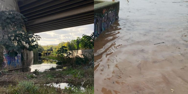 La riera de Viladecans actualmente y cuando el Gloria inundó el Delta / METRÓPOLI