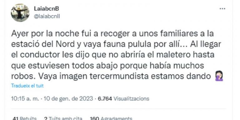 Captura de pantalla del tuit sobre la inseguridad en la Estació del Nord / TWITTER