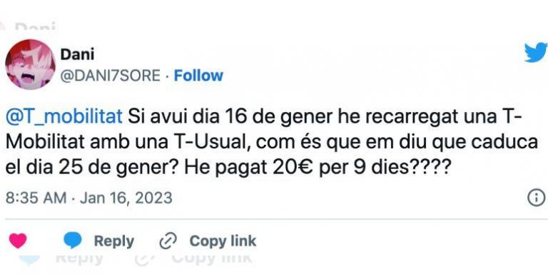 Un usuario denuncia la caducidad de la T-Usual en la T-Mobilitat / TWITTER