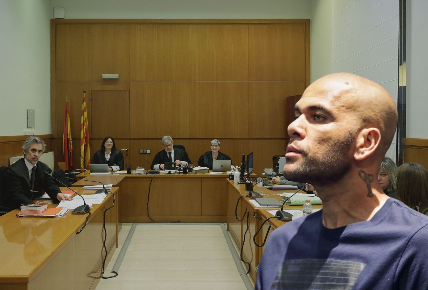 Fotomontaje donde aparece Dani Alves con una imagen del juicio de fondo