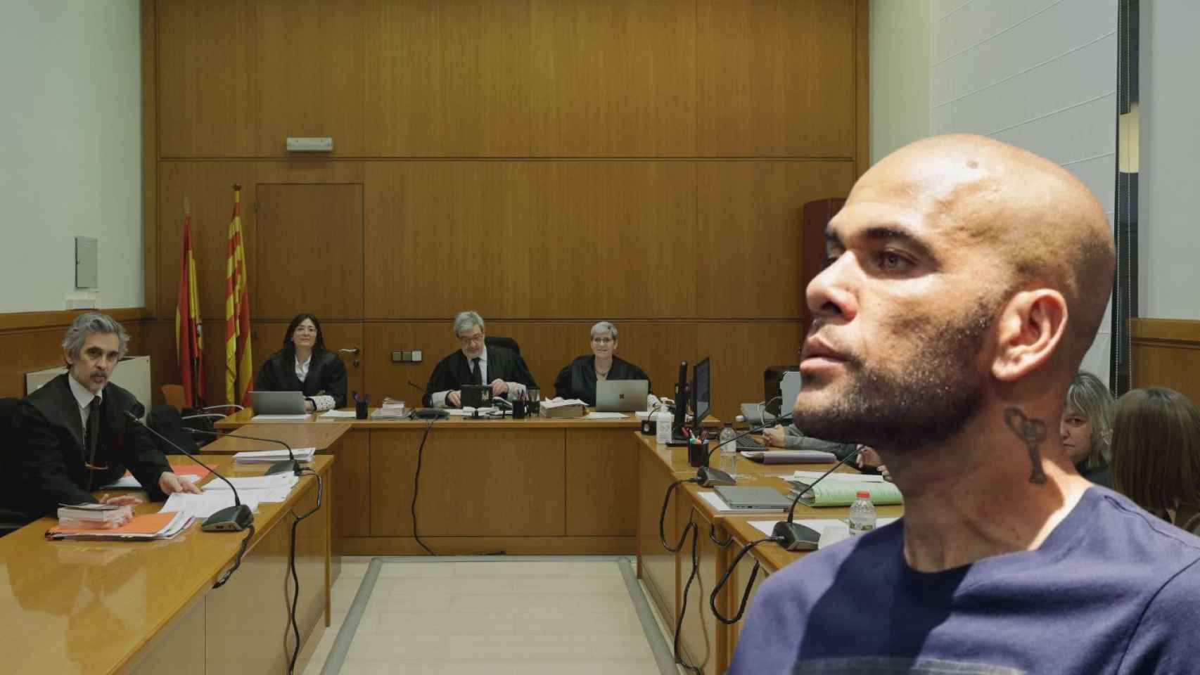 Fotomontaje donde aparece Dani Alves con una imagen del juicio de fondo