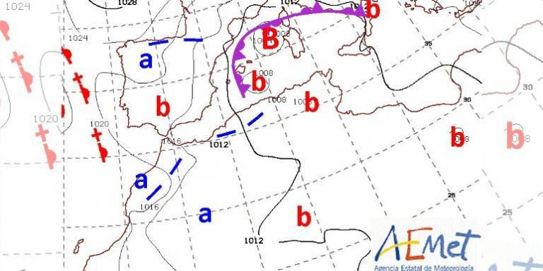 Mapa de frentes que muestra la configuración atmosférica para el próximo lunes / AEMET