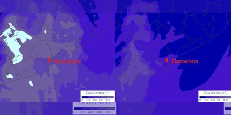 Mapa de la cota de nieve prevista para esta tarde y medianoche, de izquierda a derecha, respectivamente, según el modelo WRF 1,5 km / METEOCAT