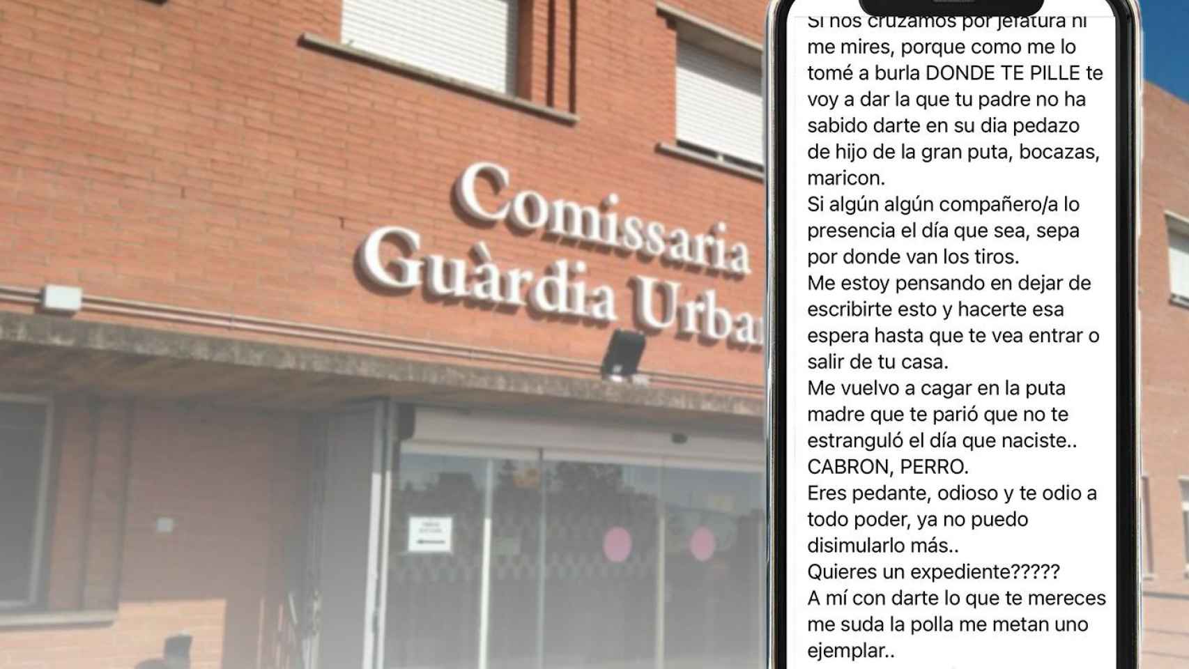 Fotomontaje de la comisaría de la Guardia Urbana de Badalona y parte del mensaje de WhatsApp / METRÓPOLI