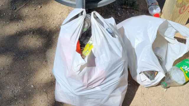 Bolsas de basura llenas con restos que un alud de turistas dejó tras los botellones del domingo en el Turó de la Rovira / CEDIDA