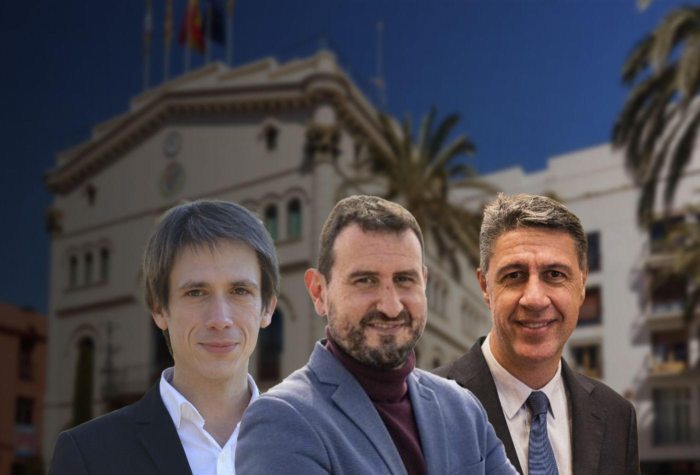 Fotomontaje donde aparecen las tres fuerzas con más votos en Badalona: Alex Montornès (ERC), Rubén Guijarro (PSC) y Xavier García Albiol (PP) / METRÓPOLI