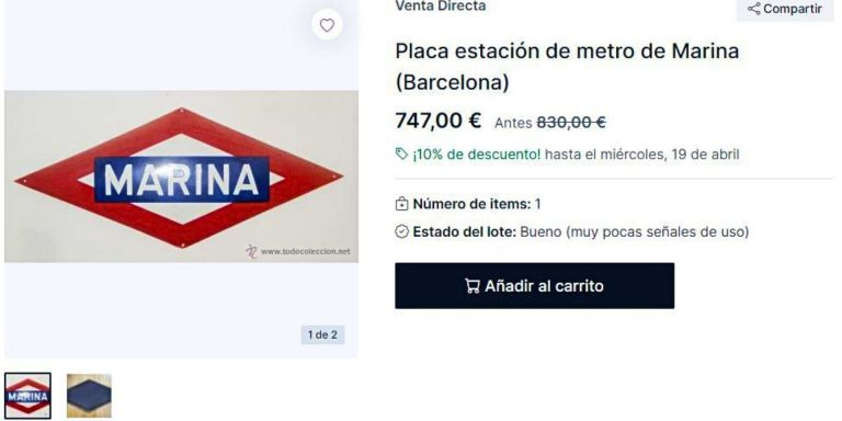 Placa de la estación de metro de Marina en venta / TODO COLECCIONISTAS