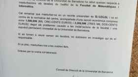 La nota de broma que los alumnos han colgado en la UB / TWITTER