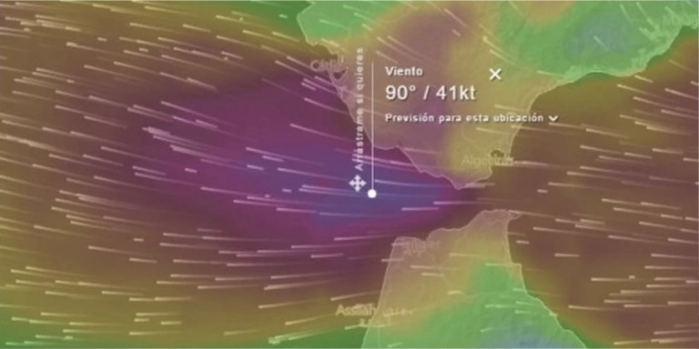 Mapa de rachas para el 23 de abril de 2017 en el Estrecho que muestra claramente el efecto Venturi