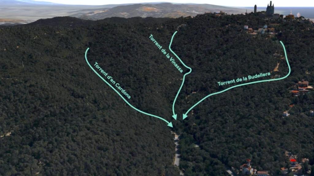 Mapa en 3D de la vista del Revolt de les Monges en el conjunto de Collserola / APPLE MAPS-EDICIÓN PROPIA