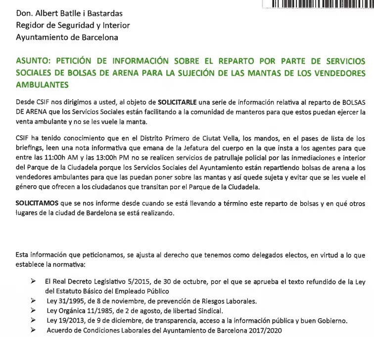 Documento de CSIF al Ayuntamiento de Barcelona / CEDIDA