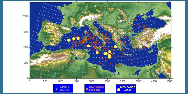 Mapa de casos posibles, y casos catalogados de Medicanes en la costa mediterránea / HYMEX Y MEDICANES: PROYECTOS PARA EL MEDIO-LARGO Y CORTO PLAZO