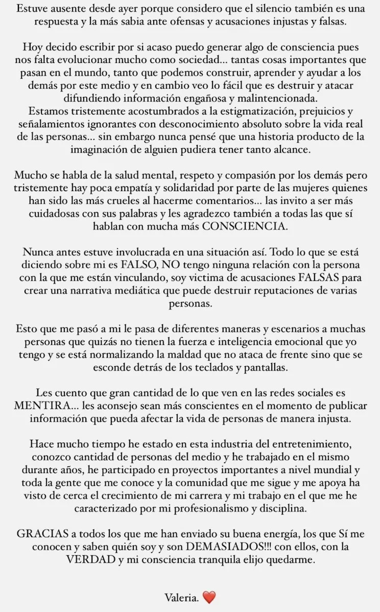 Explicación de Valeria Duque sobre su vinculación con Rauw Alejandro en redes sociales / Instagram