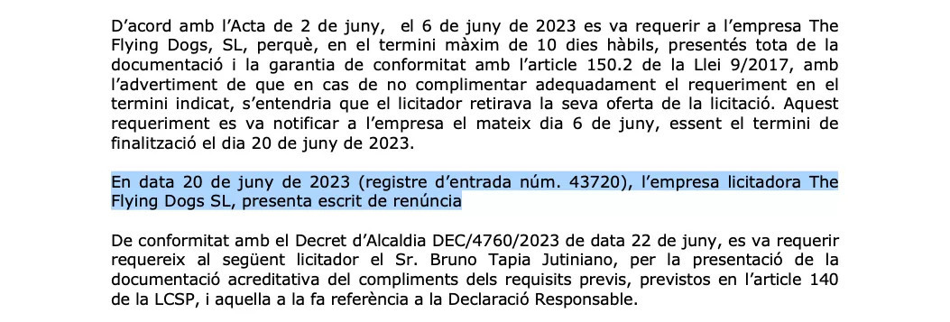 Documento en el que la empresa ganadora renuncia a la licitación del 'Chiringuito 2' / AJ PRAT