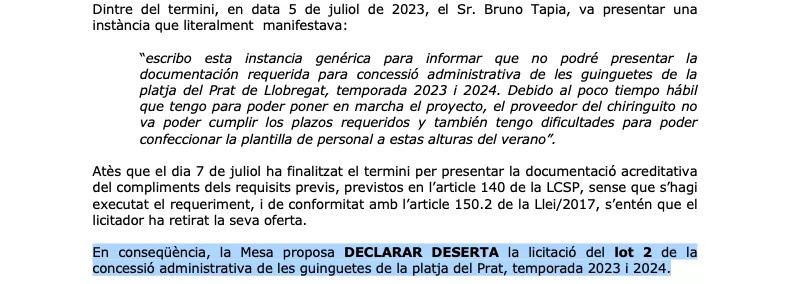 Documento en el que se declara desierta la licitación del 'Chiringuito 2' / AJ PRAT