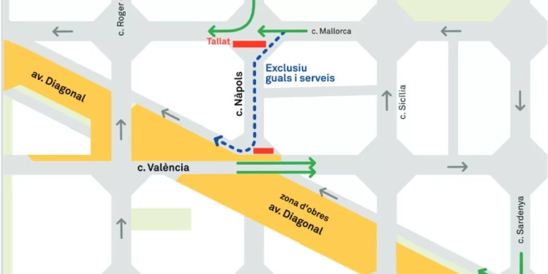 Afectaciones a la movilidad en las calles Mallorca, València y Nàpols / BCN Eixample