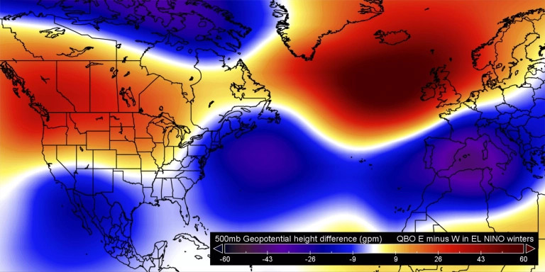 Patrón de geopotencial con El Niño y QBO invernales / NOAA/NCAR/PSL