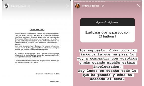 Comunicados de Laura Escanes y Aretha Fusté sobre 21 Buttons / INSTAGRAM