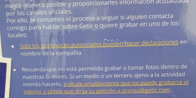 Extracto de la circular interna de Getir en la que se prohíbe el contacto de los trabajadores con la prensa / CEDIDA