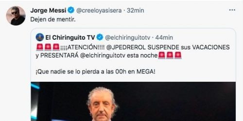 El tuit de Sebas haciéndose pasar por Jorge Messi desmintiendo al programa 'El Chiringuito TV' / TWITTER