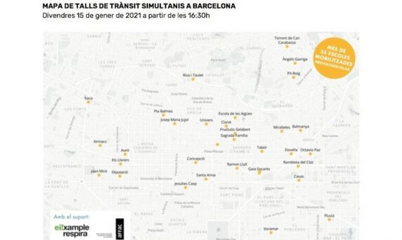 Mapa de los cortes que tendrán lugar este viernes 15 de enero en el entorno de varias escuelas/ EIXAMPLE RESPIRA