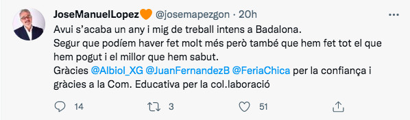 Tuit de José Manuel López, coordinador de Educación con Albiol / TWITTER