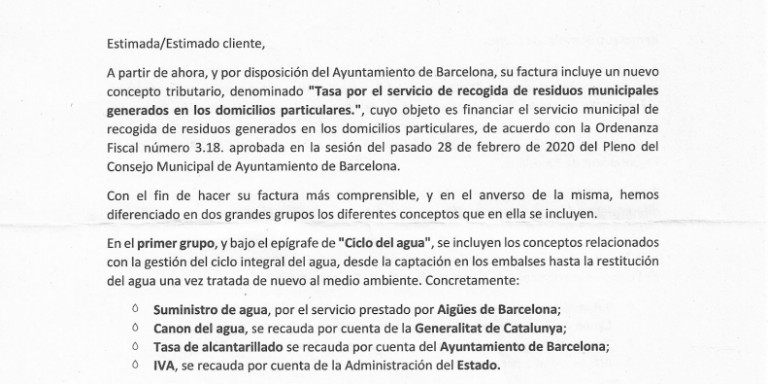 Captura de la carta de Aigües de Barcelona a sus clientes / MA